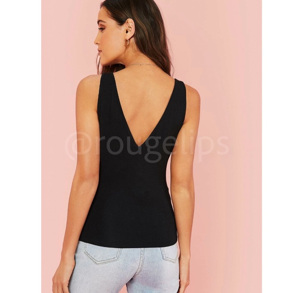 Casual Black Deep V Neck Tank Top V-Back - Picture 3 of 6